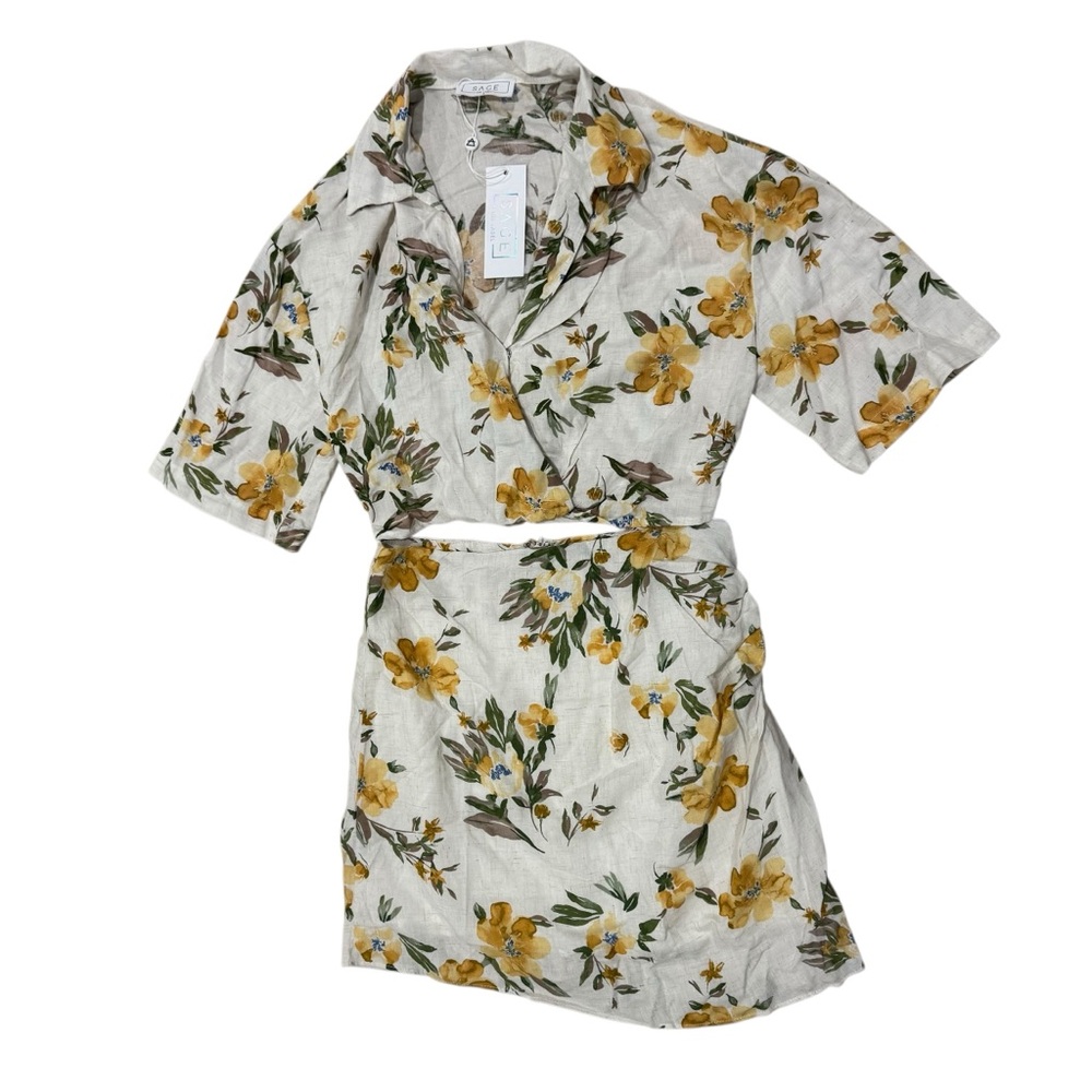 Sage The Label Natural Yellow 2 Pc Skirt Crop Top Set Floral Small NWT